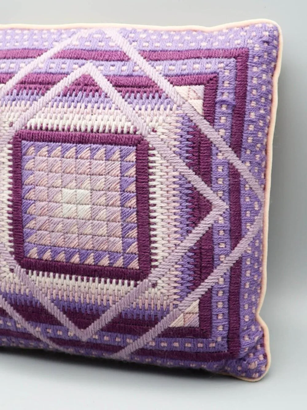 Vtg Handmade Bargello Geometric Needlepoint Throw Pillow Amethyst Velvet Backed